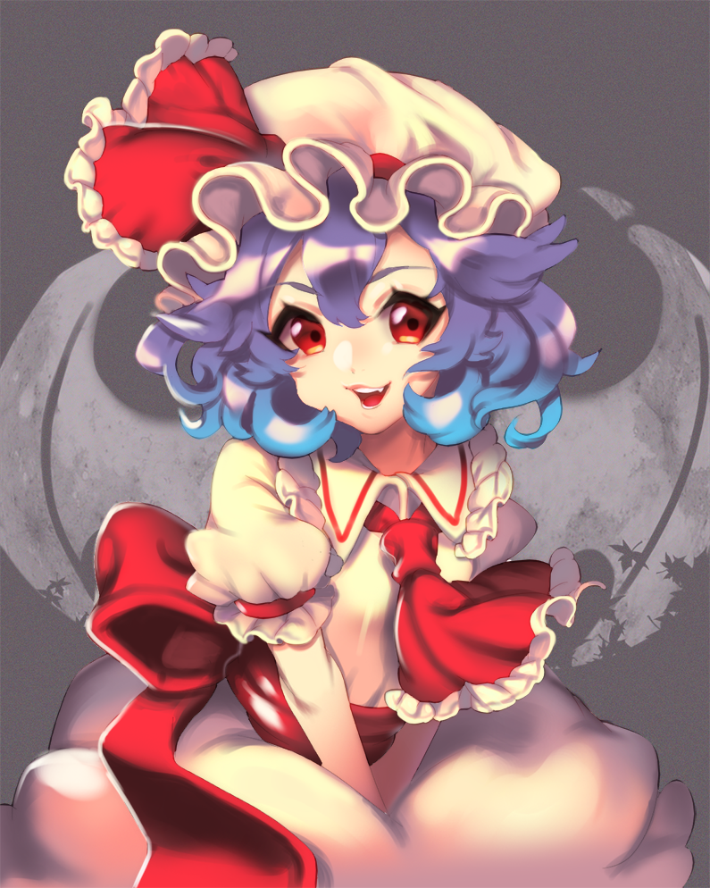 1girl ascot bat_wings blue_hair bow cheong_ha hat hat_bow mob_cap open_mouth red_eyes remilia_scarlet solo touhou wings