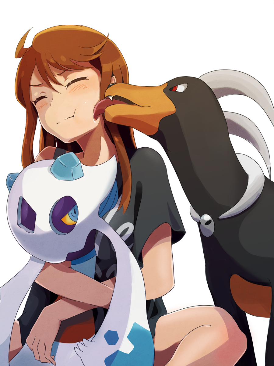 1girl :t black_shirt blue_eyes blush brown_hair closed_mouth fangs froslass highres horns houndoom hug licking long_hair looking_at_viewer neji_(nezi_hs) pokemon pokemon_(creature) red_eyes saliva shirt short_sleeves simple_background sitting spread_legs t-shirt tongue tongue_out white_background wince
