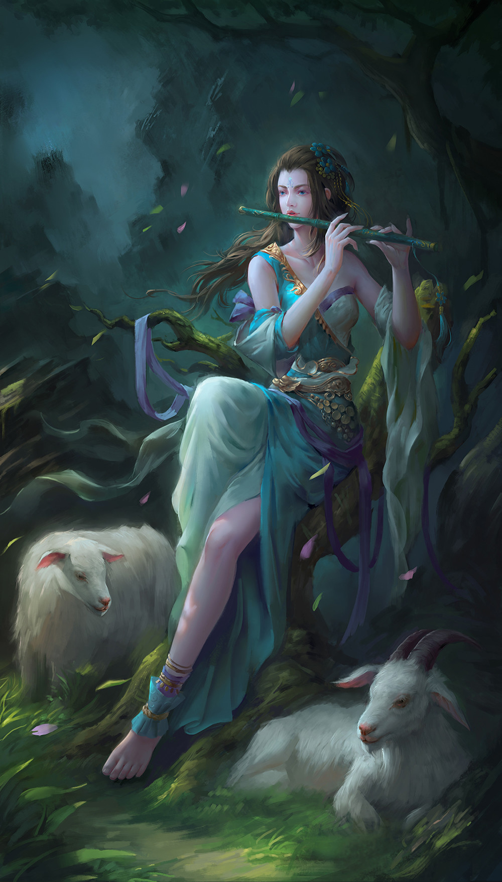 1girl barefoot blue_eyes brown_hair collarbone facial_mark flute forehead_mark goat highres instrument long_hair original outdoors playing_instrument pursed_lips sitting solo wenfei_ye