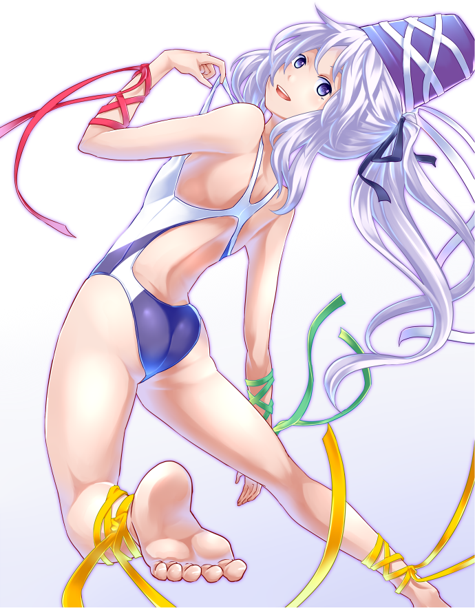 1girl :d adapted_costume alternate_costume arm_ribbon ass back bangs barefoot black_ribbon competition_swimsuit from_behind gradient gradient_background green_ribbon grey_hair hair_ribbon hat leg_ribbon legs_apart long_hair looking_back mendou_saya mononobe_no_futo one-piece_swimsuit open_mouth ponytail red_ribbon ribbon silver_hair smile soles solo swimsuit tate_eboshi toe_scrunch toes touhou very_long_hair white_background yellow_ribbon