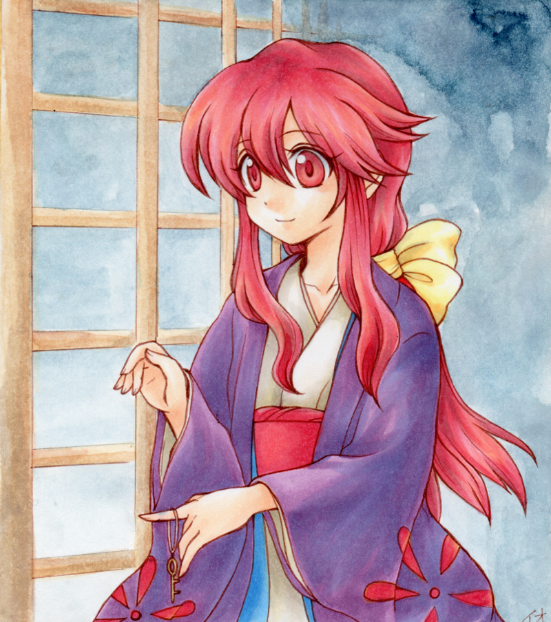 1girl bow hair_bow io_(pixiv21347802) japanese_clothes key kimono kotohime obi red_eyes redhead sash touhou touhou_(pc-98)