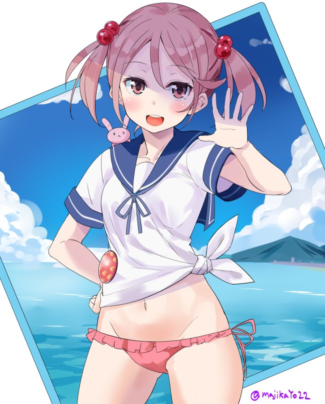 animal animal_on_shoulder bangs bikini bikini_bottom blue_sky clouds commentary_request frilled_bikini frills hair_bobbles hair_ornament hand_on_hip hand_up kantai_collection looking_at_viewer maji_(etonato) mountain navel ocean open_mouth pink_eyes pink_hair rabbit sailor_collar sailor_shirt sazanami_(kantai_collection) shirt sky smile swimsuit twintails twitter_username