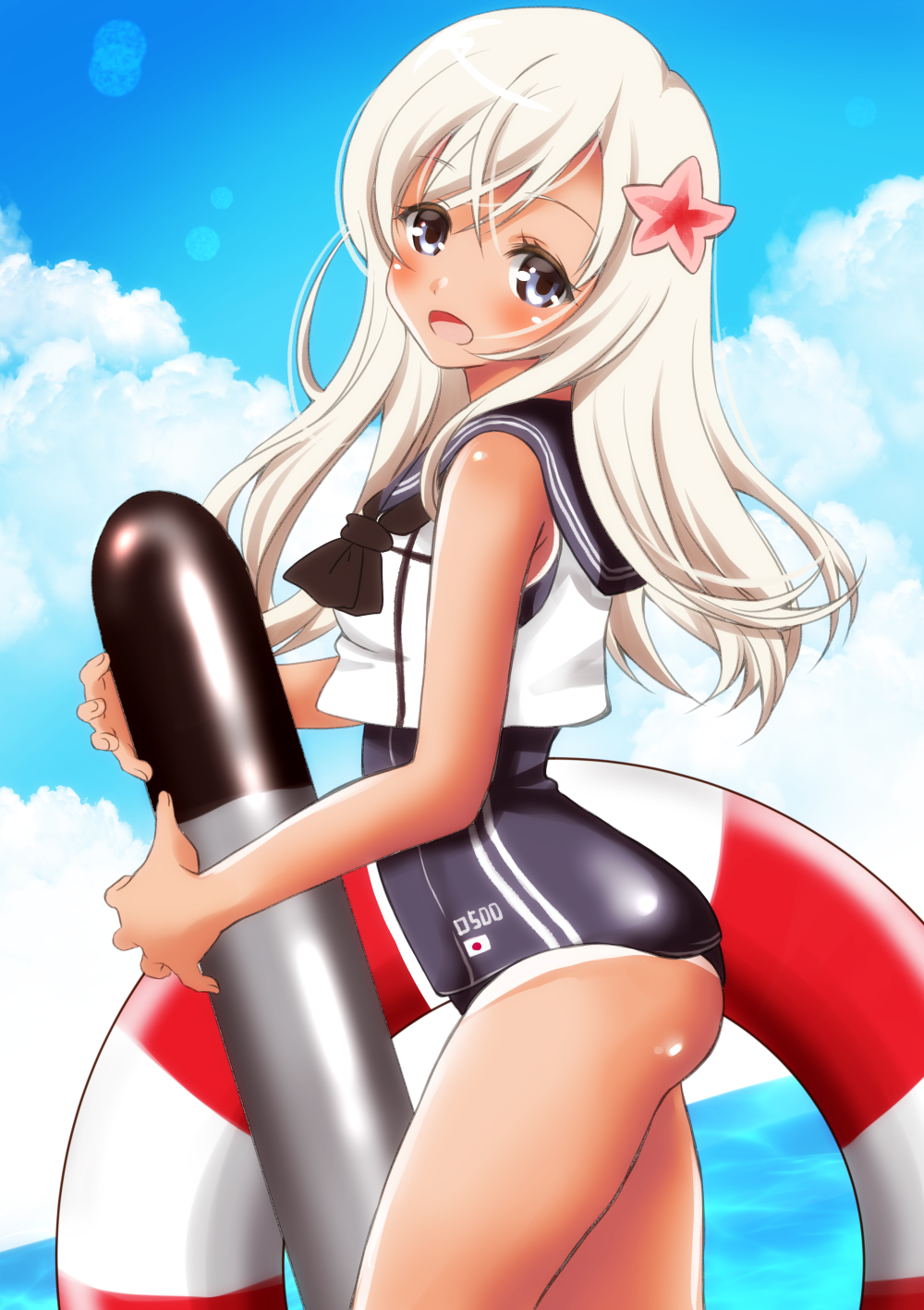 1girl blonde_hair blue_eyes crop_top flower hair_flower hair_ornament highres kantai_collection lifebuoy one-piece_tan ro-500_(kantai_collection) sailor_collar school_swimsuit sheepd swimsuit swimsuit_under_clothes tan tanline torpedo