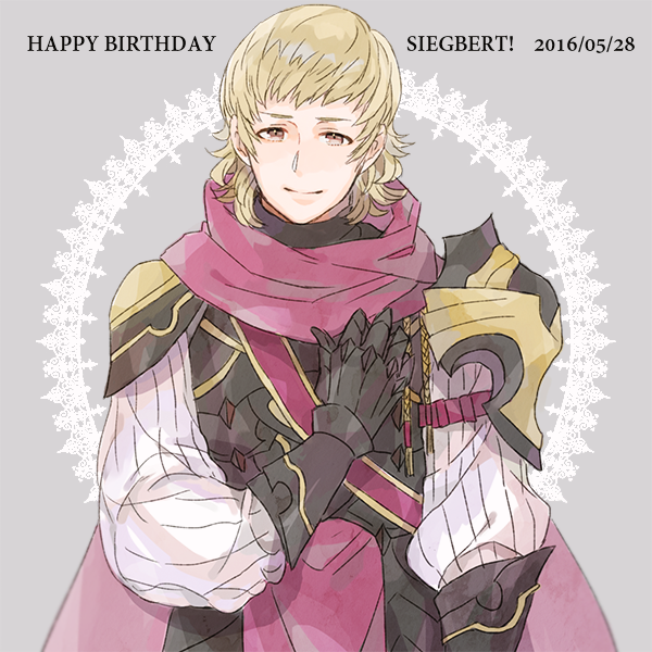! 1boy armor blonde_hair brown_eyes cape character_name dated fire_emblem fire_emblem_if gloves grey_background happy_birthday kannawataame siegbert_(fire_emblem_if) simple_background