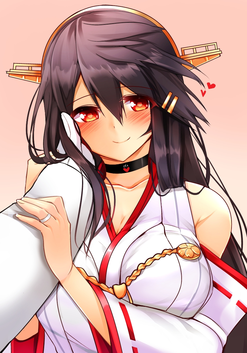 1boy 1girl admiral_(kantai_collection) bare_shoulders black_hair blush breasts choker collar detached_sleeves gloves hair_between_eyes hair_ornament hairband hairclip hand_on_another's_cheek hand_on_another's_face hand_on_another's_head haruna_(kantai_collection) headgear heart heart-shaped_lock heart_lock_(kantai_collection) japanese_clothes jewelry kantai_collection kikumon large_breasts long_hair long_sleeves nontraditional_miko remodel_(kantai_collection) ribbon-trimmed_sleeves ribbon_trim ring simple_background smile tsukui_kachou wedding_band white_gloves