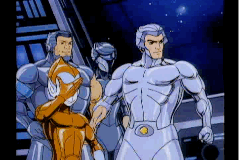 1girl 3boys 80s alien animated animated_gif armor copper_kidd cyborg helmet lowres manly mask multiple_boys muscle oldschool quicksilver_(silverhawks) running science_fiction siblings silverhawks size_difference space_craft space_station spacecraft_interior starfighter steelheart steelwill the_mirage traditional_media visor
