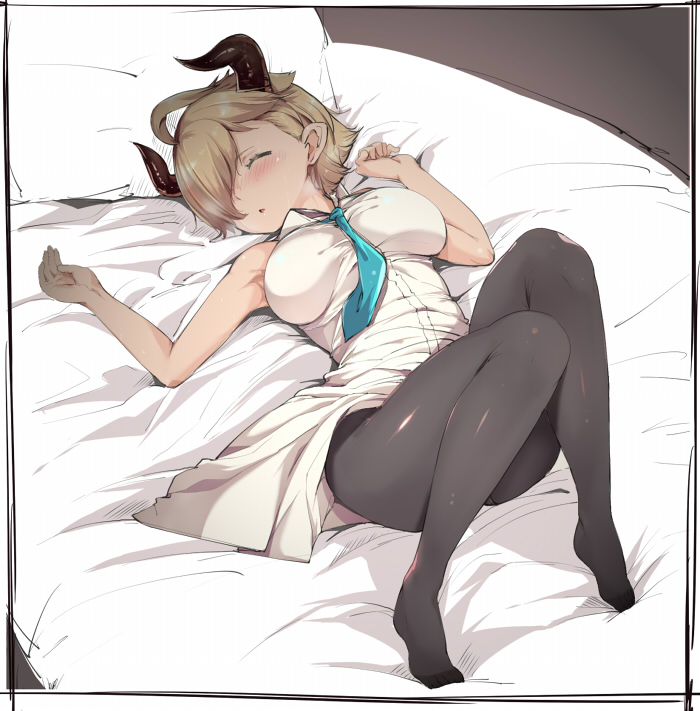 1girl ahoge alp aqua_necktie armpits bare_shoulders bed_sheet between_breasts black_legwear blonde_hair blush border breasts closed_eyes from_above full_body granblue_fantasy hair_over_one_eye horns laguna_(granblue_fantasy) large_breasts lying necktie necktie_between_breasts no_shoes on_back one_eye_covered pantyhose pillow pointy_ears short_hair sketch sleeveless solo