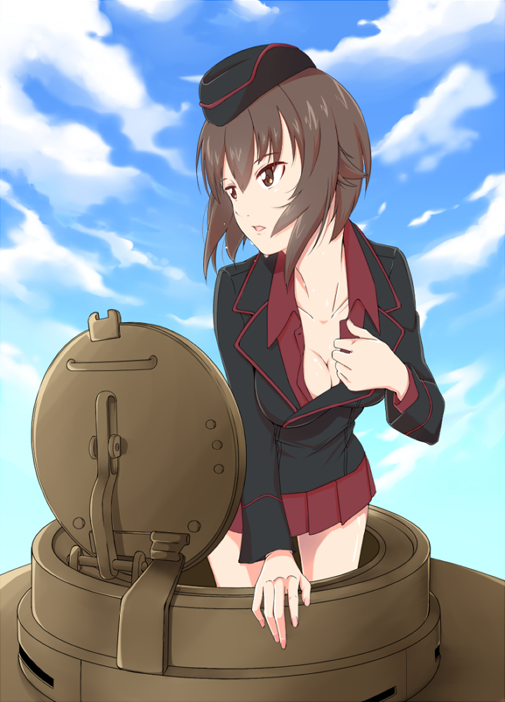 1girl arm_support bangs black_jacket breasts brown_eyes brown_hair cleavage clouds cloudy_sky dress_shirt egooo garrison_cap girls_und_panzer hat hot jacket long_sleeves looking_to_the_side military military_uniform military_vehicle miniskirt nishizumi_maho pleated_skirt red_shirt red_skirt shirt short_hair skirt sky solo standing sweat sweating tank tiger_i uniform vehicle