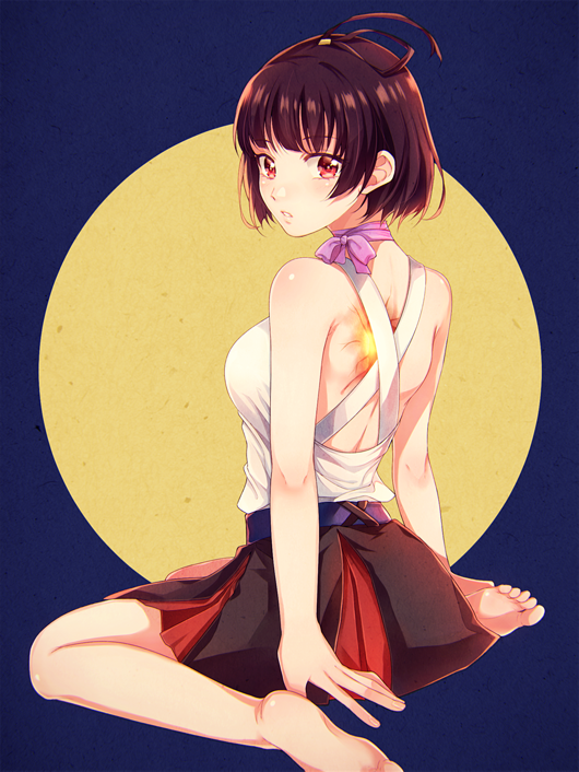 1girl arms_at_sides back bangs bare_arms bare_legs barefoot blue_background blunt_bangs blush breasts brown_hair choker eyelashes from_behind glowing koutetsujou_no_kabaneri long_sleeves looking_at_viewer miniskirt mumei_(kabaneri) parted_lips pleated_skirt purple_ribbon red_eyes ribbon ribbon_choker sasakura34 short_hair sitting skirt solo spoilers topknot wariza