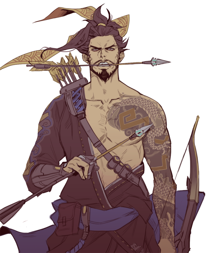 1boy arrow asymmetrical_clothes bandolier bare_shoulders beard belt_pouch bow_(weapon) brown_eyes brown_hair collarbone dragon_print dragon_tattoo facial_hair fangs furrowed_eyebrows goatee hair_tie hanzo_(overwatch) holding holding_weapon jacky5493 japanese_clothes kimono looking_at_viewer male_focus mouth_hold muscle mustache overwatch ponytail pouch quiver serious short_hair simple_background solo tattoo teeth teeth_hold upper_body weapon white_background