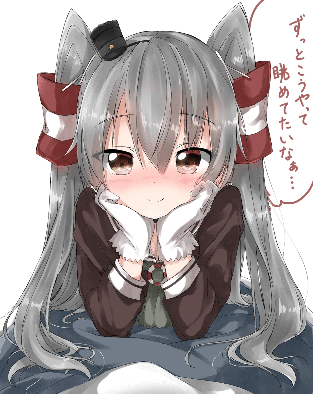 1girl :o ^_^ amatsukaze_(kantai_collection) animated animated_gif black_hat blush brown_eyes brown_shirt closed_eyes closed_mouth gloves hair_between_eyes hair_tubes hairband hands_on_own_cheeks hands_on_own_face hands_up hat head_rest heart highres kantai_collection long_hair long_sleeves looking_at_viewer lying mini_hat musical_note nose_blush on_stomach open_mouth pentagon_(railgun_ky1206) pov quaver shirt silver_hair simple_background smile solo speech_bubble talking text twintails upper_body white_background white_gloves