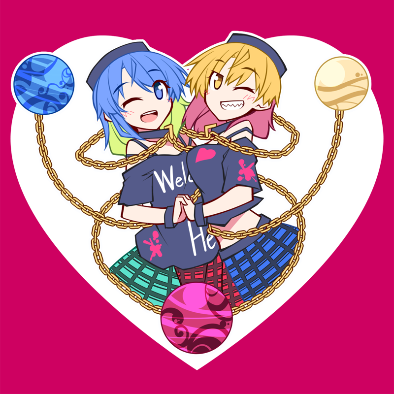 2girls blonde_hair blue_eyes blue_hair chain collar cuffs dual_persona earth grin hecatia_lapislazuli hemogurobin_a1c holding_hands looking_at_viewer moon multiple_girls off_shoulder one_eye_closed open_mouth shackles shirt skirt smile touhou yellow_eyes