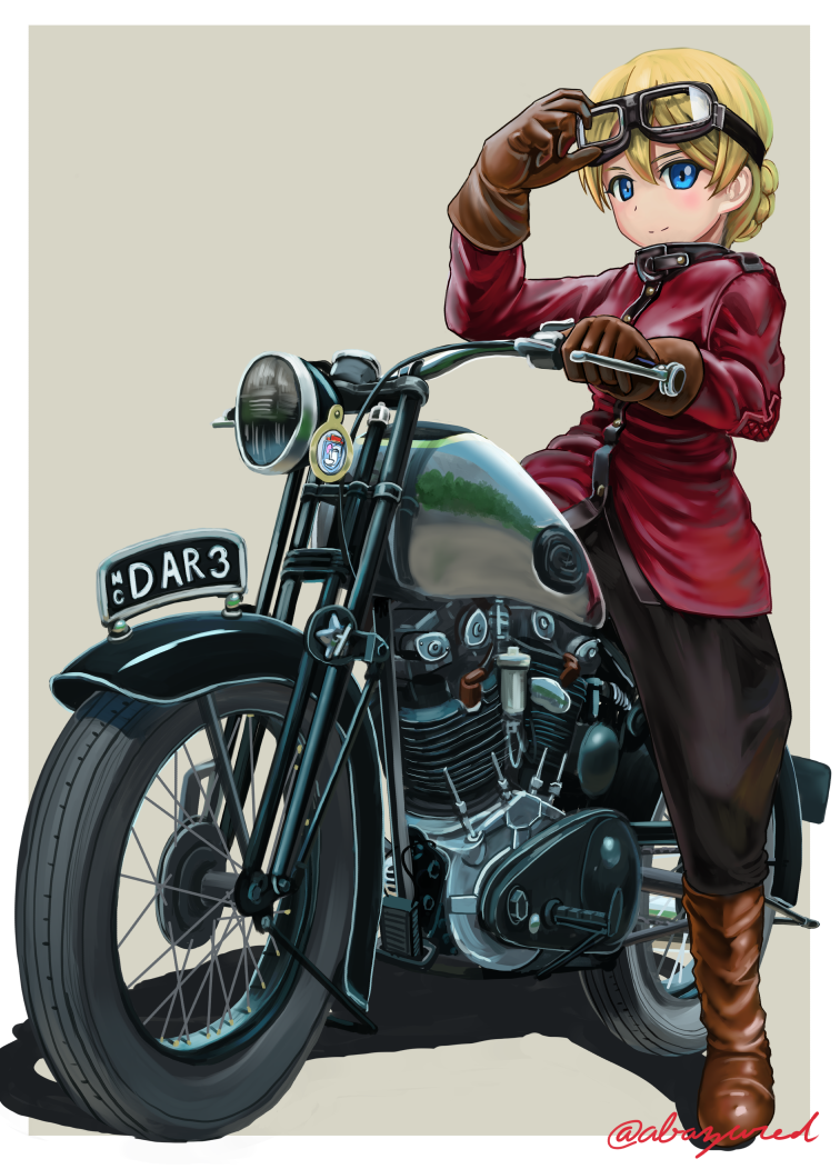 1girl abazu-red artist_name black_pants blonde_hair blue_eyes boots braid brown_boots darjeeling girls_und_panzer goggles goggles_on_head grey_background jacket looking_at_viewer motor_vehicle motorcycle pants red_jacket riding shadow short_hair signature simple_background smile solo tied_hair twin_braids vehicle vehicle_request