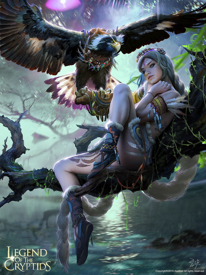 1girl 2015 bird blue_eyes brown_gloves copyright_name dousanxian facial_mark falcon forehead_mark full_body fur_trim gloves grey_hair hawk in_tree legend_of_the_cryptids long_hair outdoors single_glove sitting tattoo tree very_long_hair water watermark