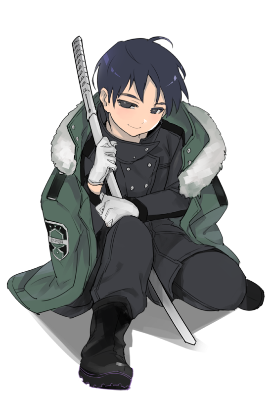 1girl bangs between_legs black_boots black_eyes black_hair black_pants boots child closed_mouth double-breasted full_body gloves holding holding_sword holding_weapon jacket_on_shoulders nod6125 pants shinoda_masafumi simple_background sitting smile solo sword weapon white_background white_gloves world_trigger younger