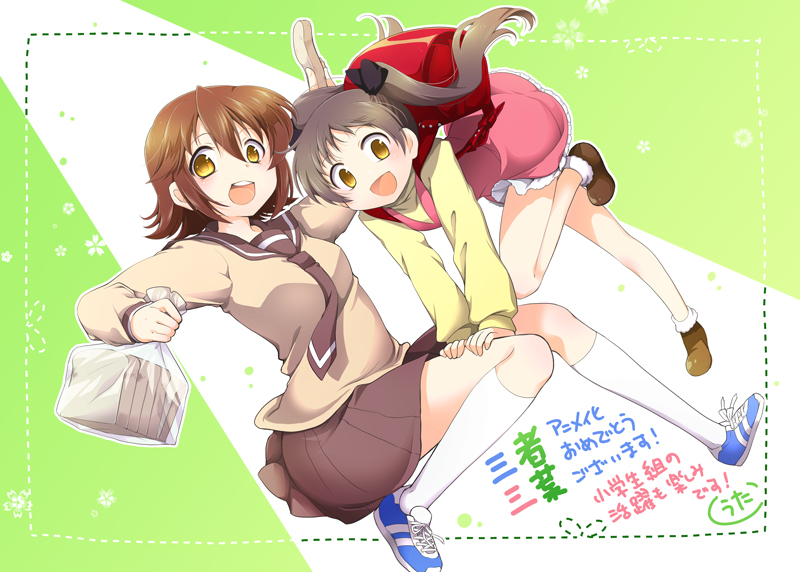 2girls backpack bag black_hair brown_hair long_hair multiple_girls odagiri_futaba orange_eyes randoseru sansha_san'you school_uniform serafuku short_hair translated twintails usuda_sakura uta_(lapin!!!)