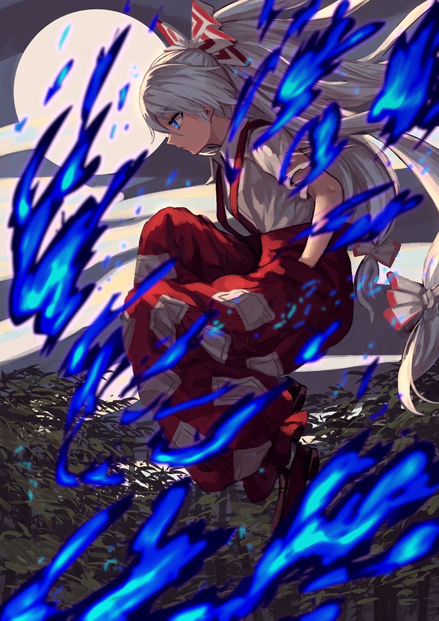 1girl bamboo bamboo_forest berabou blue_eyes blue_fire bow commentary fire forest from_side fujiwara_no_mokou full_body full_moon hair_bow hair_ribbon hands_in_pockets highres long_hair moon nature pants ponytail red_pants ribbon shirt shoes short_sleeves silver_hair solo suspenders torn_clothes torn_sleeves touhou tress_ribbon very_long_hair white_shirt