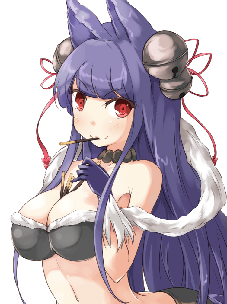 1girl animal_ears bell blush breasts cleavage fox_ears gloves granblue_fantasy hair_bell hair_ornament jingle_bell kuro_(be_ok) large_breasts long_hair looking_at_viewer mouth_hold navel pocky purple_hair red_eyes smile solo very_long_hair yuel_(granblue_fantasy)