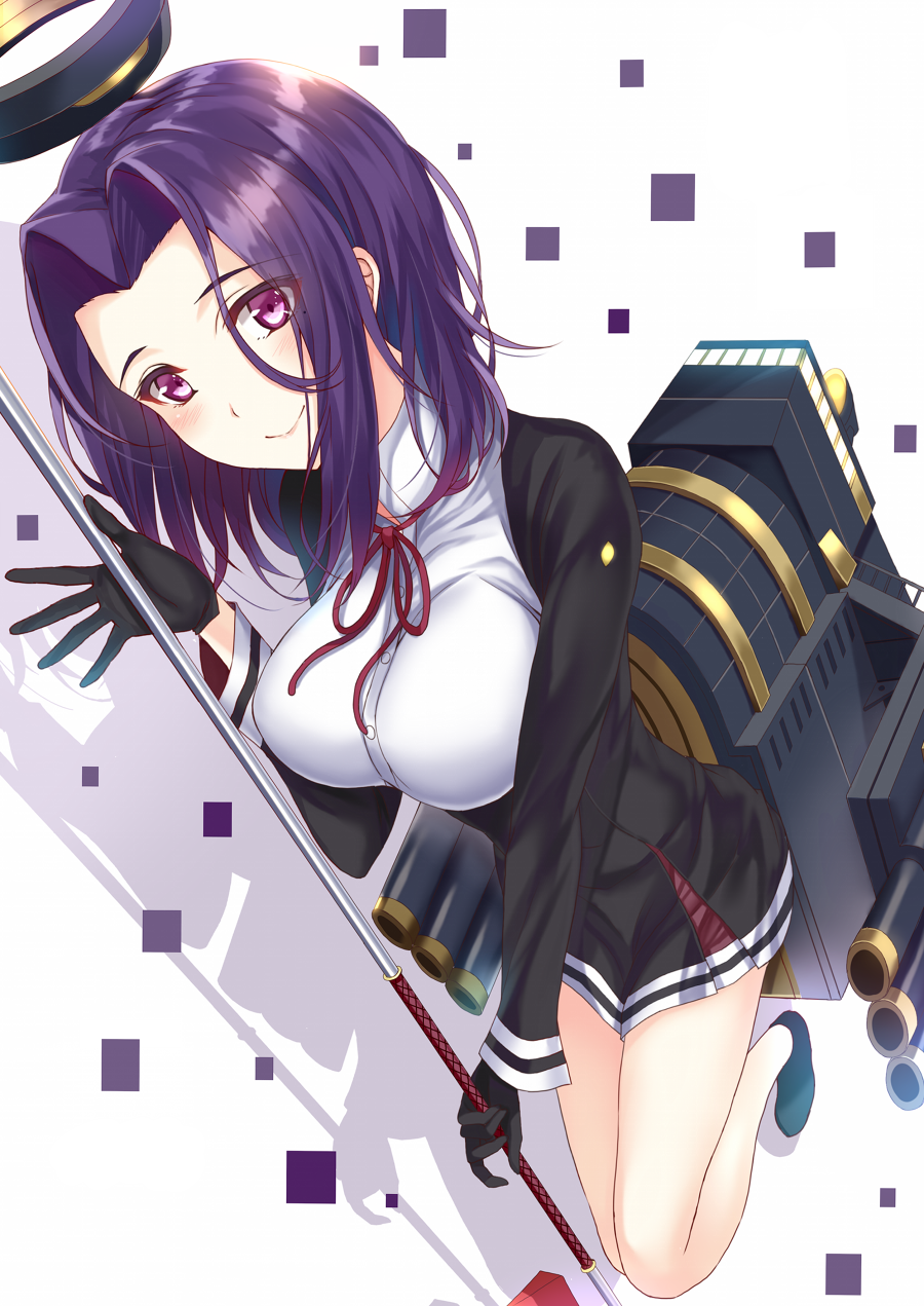 1girl black_gloves blush breasts gloves highres kantai_collection looking_at_viewer mechanical_halo morizono_shiki purple_hair short_hair smile solo tatsuta_(kantai_collection) violet_eyes