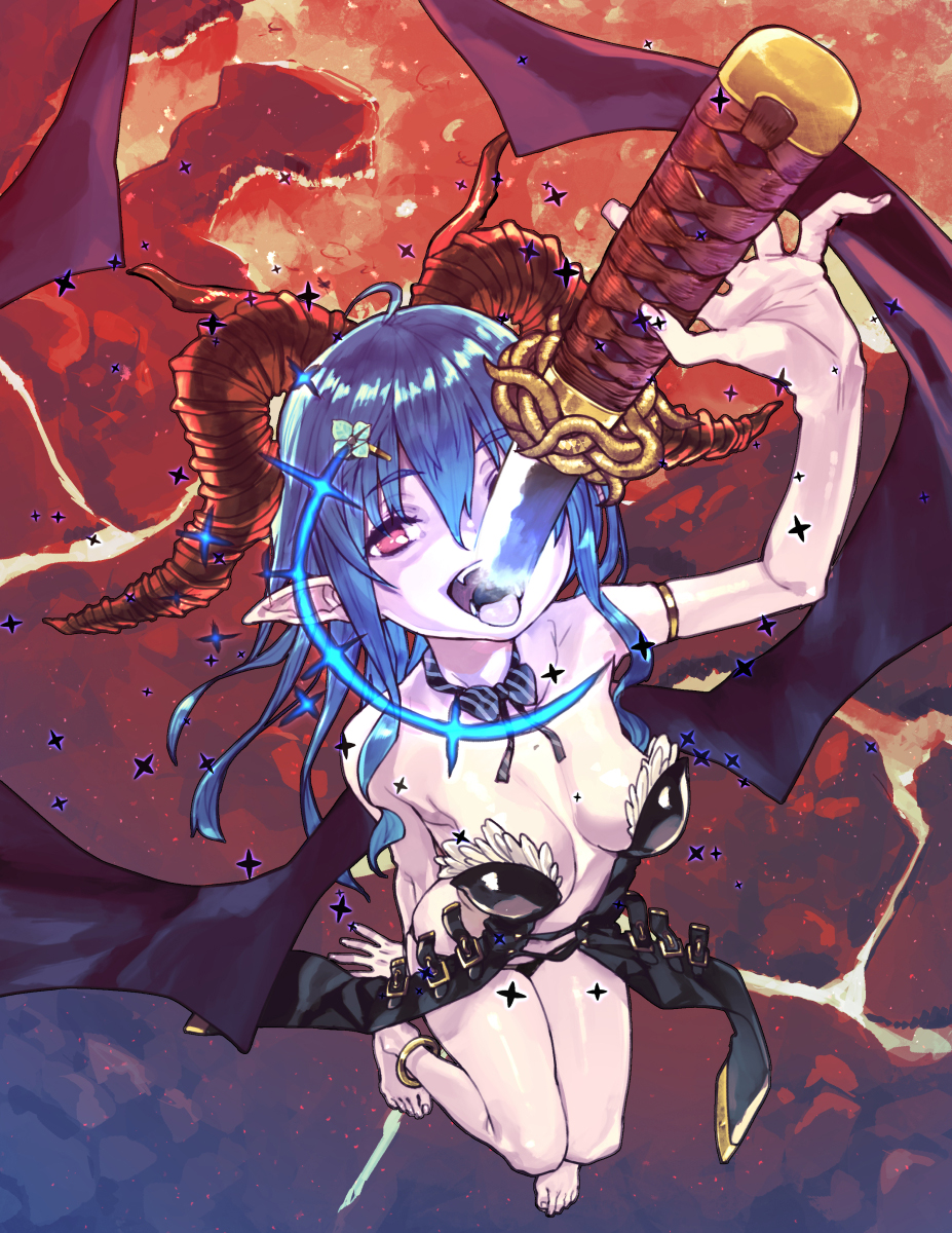 1girl ahoge bare_legs bare_shoulders barefoot bat_wings black_dress blue_hair breasts cleavage commentary_request demon_girl demon_horns demon_wings dress flying from_above highres horns katana long_hair looking_up open_mouth original pointy_ears red_eyes smile solo subachi swallow_sword sword tongue tongue_out weapon wings