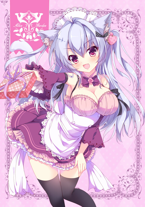1girl animal_ears bangs bare_shoulders black_legwear blue_hair blush bow breasts cat_ears cleavage detached_sleeves dress eyebrows eyebrows_visible_through_hair frame frilled_dress frilled_sleeves frills gift hair_between_eyes hair_intakes hair_ornament hair_ribbon headdress heart_hair_ornament hinata_momo large_breasts long_hair long_sleeves looking_at_viewer open_mouth original outstretched_arm ribbon solo thigh-highs underbust violet_eyes wide_sleeves