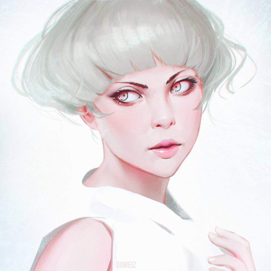 1girl bare_shoulders expressionless green_eyes guweiz hand_on_own_chest looking_to_the_side multicolored_eyes original parted_lips pink_lips red_eyes shirt short_hair simple_background sleeveless sleeveless_shirt solo upper_body white white_background white_hair white_shirt