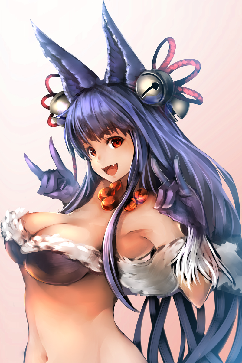 1girl animal_ears bell breasts cleavage fang fox_ears fox_shadow_puppet gloves granblue_fantasy hair_bell hair_ornament highres long_hair looking_at_viewer navel open_mouth pooosong purple_hair red_eyes smile solo very_long_hair yuel_(granblue_fantasy)