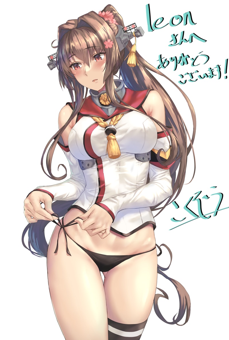 1girl black_panties blush breasts brown_hair collar hair_intakes headgear kantai_collection kokuzou large_breasts long_hair looking_down metal_collar no_pants panties ponytail sidelocks simple_background single_thighhigh solo thigh-highs tying_panties underwear very_long_hair violet_eyes white_background yamato_(kancolle)