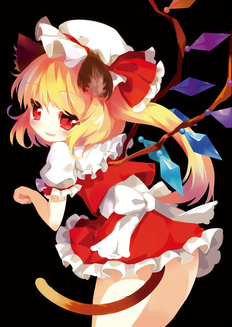 1girl blonde_hair capelet cowboy_shot fang flandre_scarlet kemonomimi_mode looking_at_viewer open_mouth puffy_short_sleeves puffy_sleeves red_eyes shirt short_sleeves side_ponytail skirt skirt_set smile solo taharu_kousuke thighs touhou vest wings