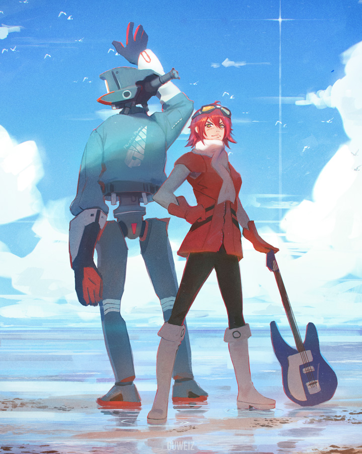 1girl ahoge arm_up artist_name back-to-back black_legwear blue_sky blush boots canti closed_mouth clouds coat day elbow_gloves flcl full_body gloves goggles goggles_on_head guitar guweiz hand_on_hip haruhara_haruko holding horizon instrument knee_boots looking_at_viewer machinery outdoors pantyhose pink_lips red_coat red_gloves redhead robot sand scarf short_hair sky smile standing water white_boots white_scarf