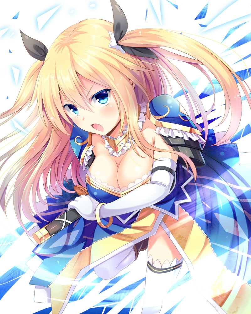 &gt;:o 1girl :o armor armored_dress bent_knees black_ribbon blonde_hair blue_dress blue_eyes blush bracelet breasts cleavage collarbone detached_collar dress elbow_gloves gloves hair_ribbon jewelry knight leaning_forward long_hair looking_at_viewer open_mouth original pauldrons ribbon sen_kagura solo thigh-highs tsurime twintails two_side_up white_gloves white_legwear
