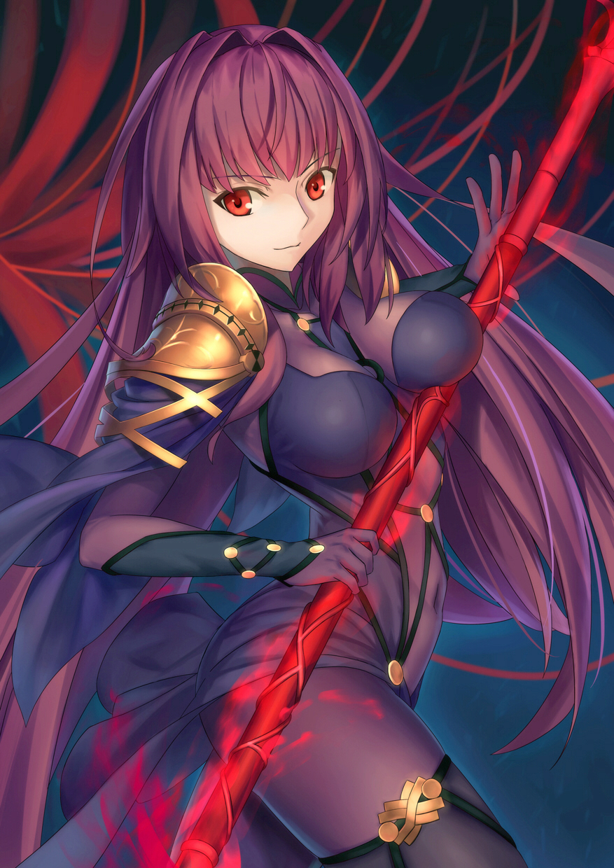 1girl bodysuit breasts fate/grand_order fate_(series) gae_bolg highres long_hair looking_at_viewer polearm purple_hair red_eyes scathach_(fate/grand_order) solo spear tsuki_suigetsu weapon