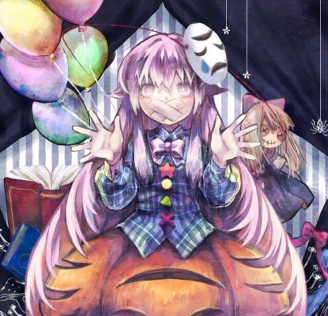 1girl balloon book bow bowtie bubble_skirt comedy/tragedy_mask curtains doll face_mask hata_no_kokoro long_hair long_sleeves mask open_hand pink_eyes pink_hair plaid plaid_shirt puffy_long_sleeves puffy_sleeves sanso shirt skirt solo spider star stitched striped striped_background tape teardrop touhou