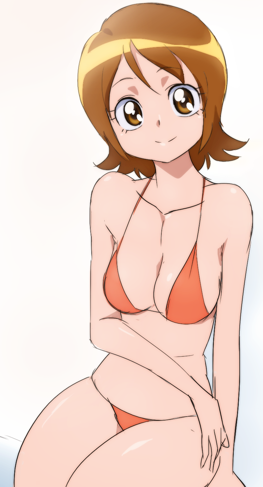 1girl bikini breasts brown_eyes brown_hair happinesscharge_precure! looking_at_viewer manji_(tenketsu) oomori_yuuko orange_bikini precure short_hair sketch smile solo swimsuit