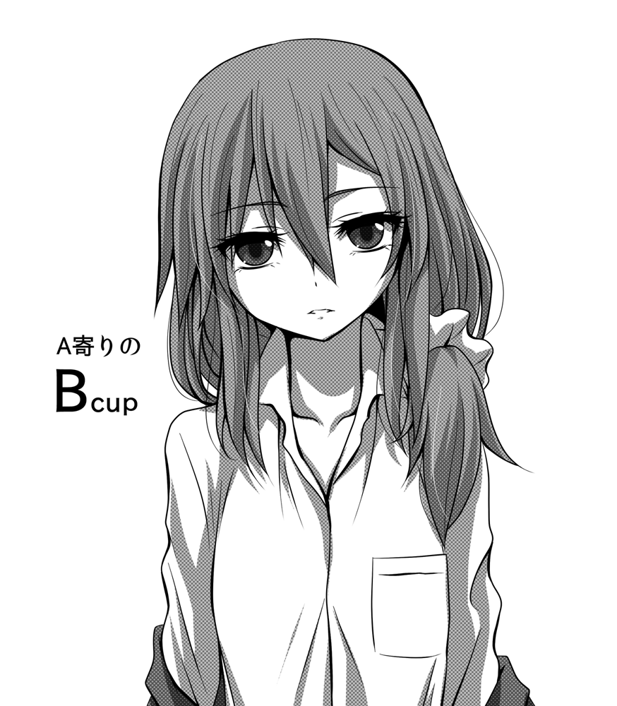 1girl collarbone gotoba_sora innocent_red long_hair looking_at_viewer monochrome shirt tagme watarui