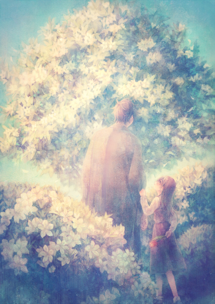 1boy 1girl arm_behind_back backlighting bush child dress flower from_behind holding lens_flare long_hair looking_up muted_color namihaya original scenery short_hair sky sleeve_tug texture tree