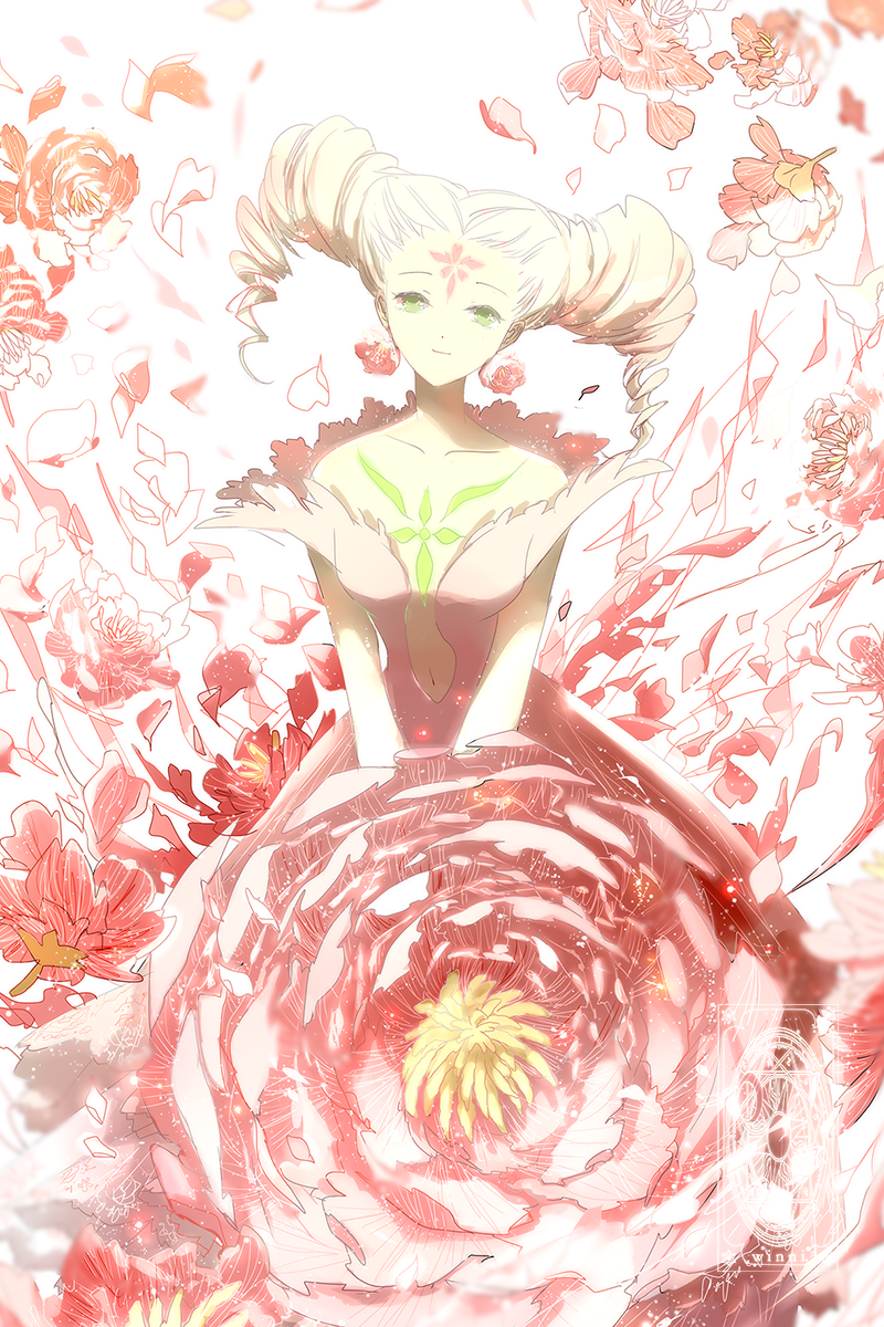 1girl artist_name bare_shoulders blonde_hair blurry breasts cardcaptor_sakura center_opening closed_mouth clow_card collarbone depth_of_field dress drill_hair earrings facial_mark flower flower_(clow_card) flower_earrings forehead_mark green_eyes hair_ornament head_tilt highres jewelry light_particles navel petals pink_dress red_flower ribbon shade smile solo stomach twin_drills winni