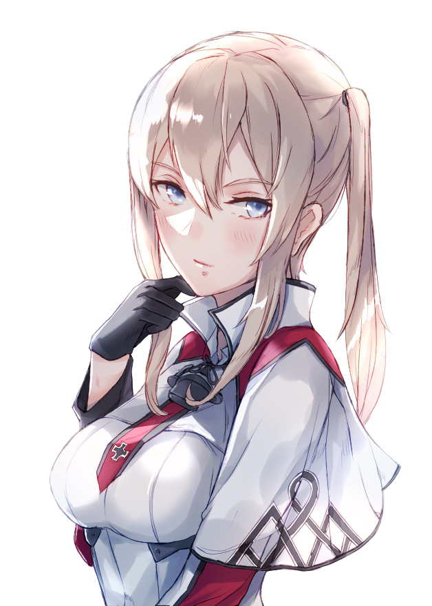1girl bangs black_gloves blonde_hair blue_eyes blush breasts capelet face gloves graf_zeppelin_(kantai_collection) hair_between_eyes kachiino kantai_collection large_breasts long_hair necktie sidelocks simple_background solo tsurime twintails uniform upper_body white_background