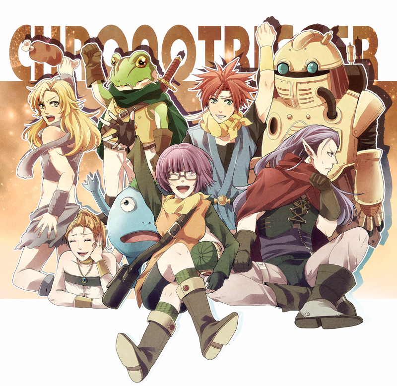 3girls 4boys ayla_(chrono_trigger) bandeau blonde_hair blue_eyes breasts chrono_trigger crono curly_hair fur_trim kaeru_(chrono_trigger) long_hair lucca_ashtear magus marle multiple_boys multiple_girls nu open_mouth robo short_hair sushiko15