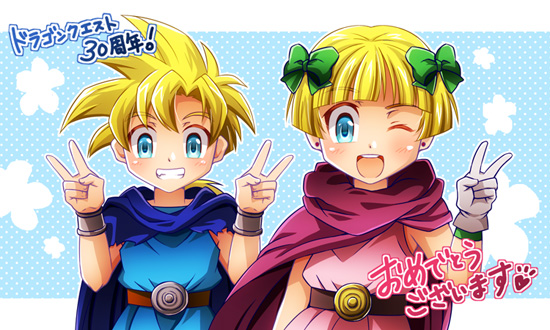 1boy 1girl bangs belt bianca's_daughter bianca's_son blonde_hair blue_eyes blunt_bangs blush bow brother_and_sister cape commentary dragon_quest dragon_quest_v earrings hair_bow hand_up hands_up jewelry looking_at_viewer minto_cyoko one_eye_closed open_mouth short_hair siblings smile translated twins v wristband