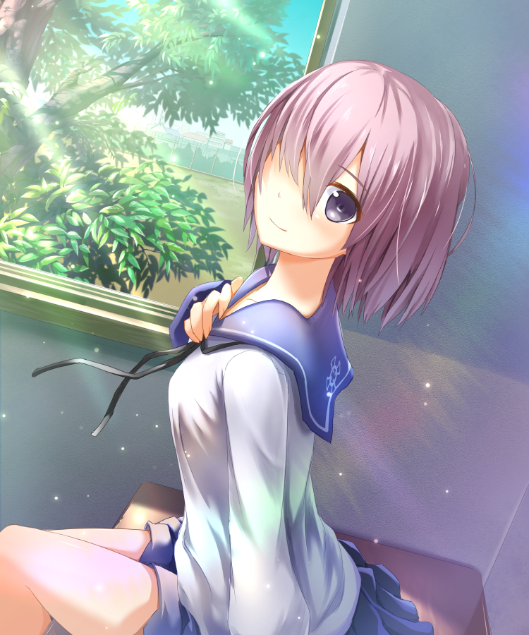 1girl alternate_costume arm_at_side black_ribbon blue_skirt blush closed_mouth contemporary dutch_angle fate/grand_order fate_(series) fence hair_over_one_eye hellnyaa indoors light_particles long_sleeves looking_at_viewer miniskirt neck_ribbon one_eye_covered ribbon school_uniform school_yard serafuku shade shielder_(fate/grand_order) short_hair sitting skirt sky small_breasts smile solo sunlight tree violet_eyes wall window