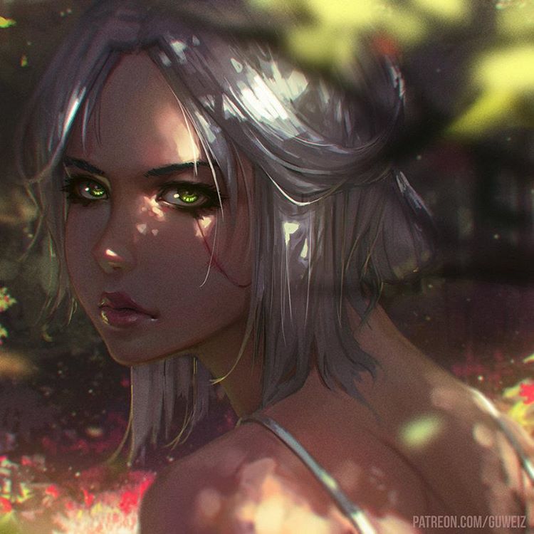 1girl artist_name bare_shoulders blood blood_on_face blurry ciri dappled_sunlight day depth_of_field from_above from_behind green_eyes guweiz injury looking_at_viewer looking_up outdoors parted_lips red_lips short_hair silver_hair solo spaghetti_strap sunlight the_witcher_3 watermark web_address