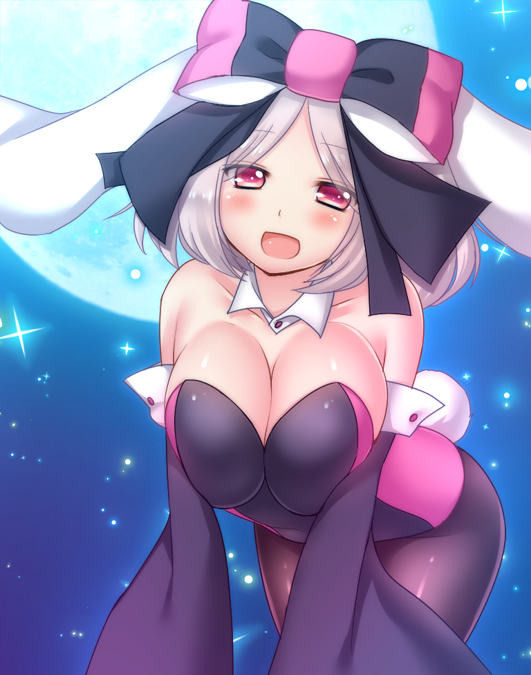 1girl animal_ears bangs bare_shoulders blush bow breasts bunny_girl bunnysuit cleavage collarbone detached_collar detached_sleeves eyebrows eyebrows_visible_through_hair eyes_visible_through_hair full_moon hair_bow large_breasts leaning_forward looking_at_viewer moimoi_(pop'n_music) moon muraji0419 open_mouth pantyhose parted_bangs pink_eyes pop'n_music rabbit_ears short_hair silver_hair solo star_(sky) wide_sleeves