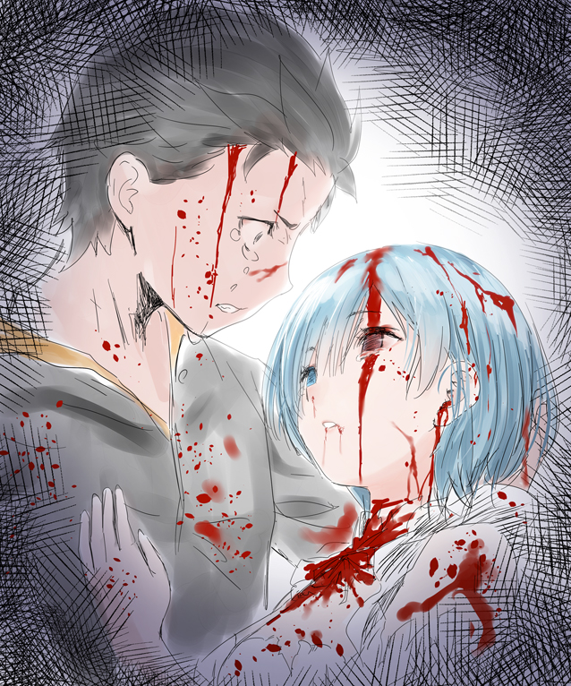 1boy 1girl black_hair bleeding blood blood_on_face blood_splatter bloody_clothes blue_hair injury looking_at_another natsuki_subaru parted_lips re:zero_kara_hajimeru_isekai_seikatsu rem_(re:zero) sketch spoilers tears yasuyuki