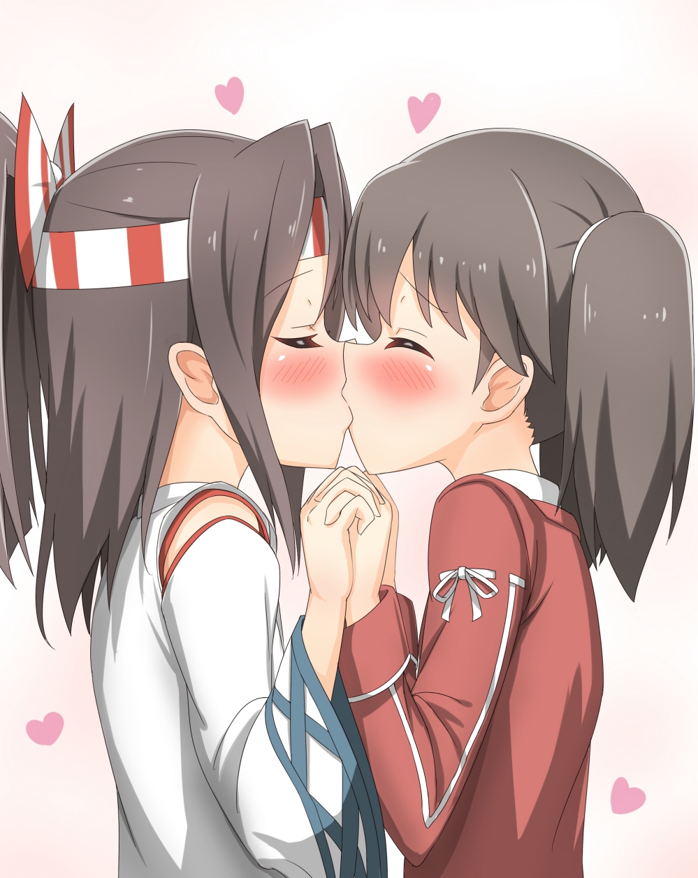 2girls blush brown_hair closed_eyes from_side hachimaki headband heart highres holding_hands interlocked_fingers japanese_clothes kantai_collection kiss multiple_girls nedia_r ponytail profile ryuujou_(kantai_collection) twintails upper_body yuri zuihou_(kantai_collection)