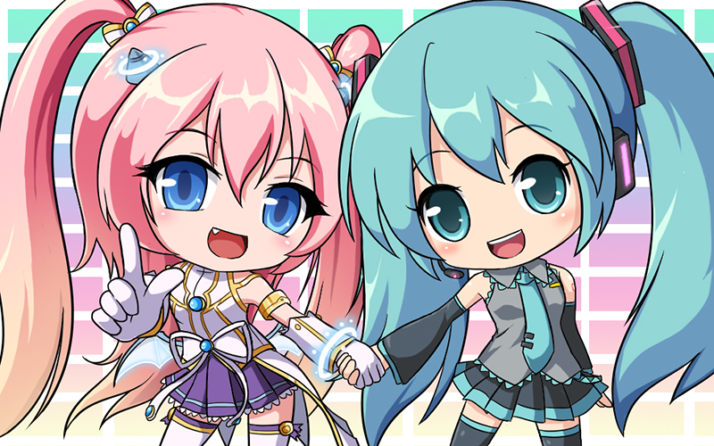 2girls angelic_buster blue_eyes blue_hair bow bowtie crossover detached_sleeves fang hatsune_miku holding_hands horns maplestory multiple_girls nekono_rin open_mouth pink_hair pleated_skirt pointing purple_skirt ribbon skirt smile thigh-highs twintails vocaloid