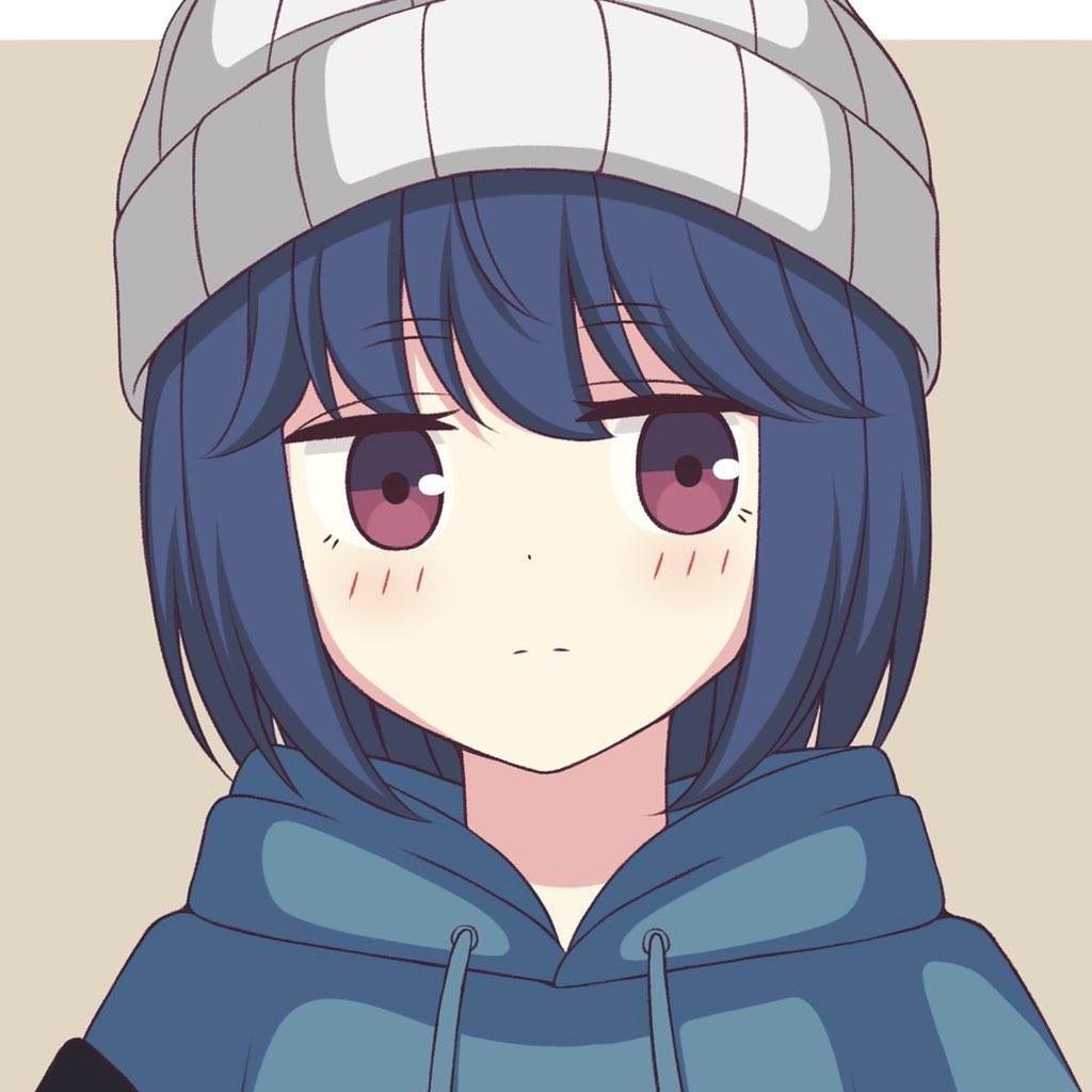 1girl bangs beanie beige_background blue_hair blue_hoodie blush closed_mouth commentary drawstring expressionless eyebrows_visible_through_hair hat hood hood_down hoodie jitome looking_at_viewer medium_hair portrait shima_rin simple_background solo violet_eyes white_headwear yurucamp zeta_(24904340)