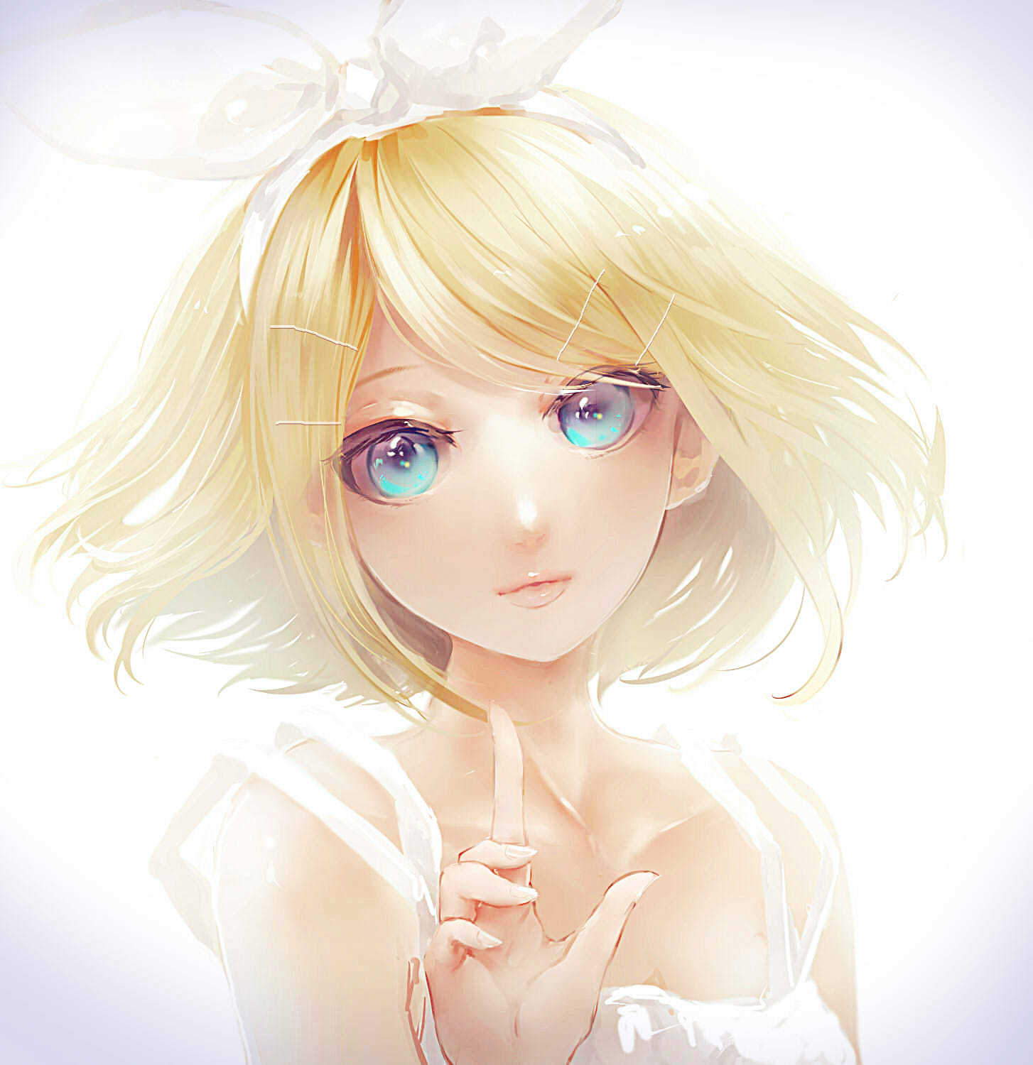 1girl aqua_eyes bangs bare_shoulders blonde_hair blush close-up collarbone commentary_request dress face hair_ornament hair_ribbon hairclip highres kagamine_rin lips looking_at_viewer miko_(s1748s) ribbon short_hair simple_background smile solo upper_body vocaloid white_background white_dress