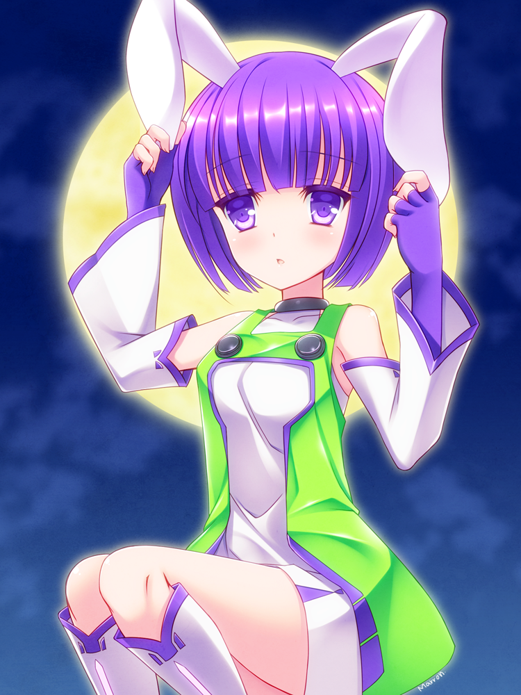1girl animal_ears arms_up artist_name bangs bare_shoulders blunt_bangs blush boots clouds collarbone detached_sleeves espoir eyebrows eyebrows_visible_through_hair fingerless_gloves full_moon gloves holding kemonomimi_mode knee_boots knees_together_feet_apart maron_(1212ama) moon parted_lips purple_hair rabbit_ears short_hair solo sound_voltex violet_eyes wide_sleeves