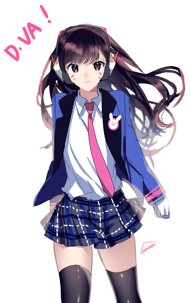 1girl anana blazer brown_eyes brown_hair character_name cowboy_shot d.va_(overwatch) facial_mark gloves headphones jacket long_hair looking_at_viewer necktie overwatch plaid plaid_skirt pleated_skirt skirt solo thigh-highs white_background zettai_ryouiki